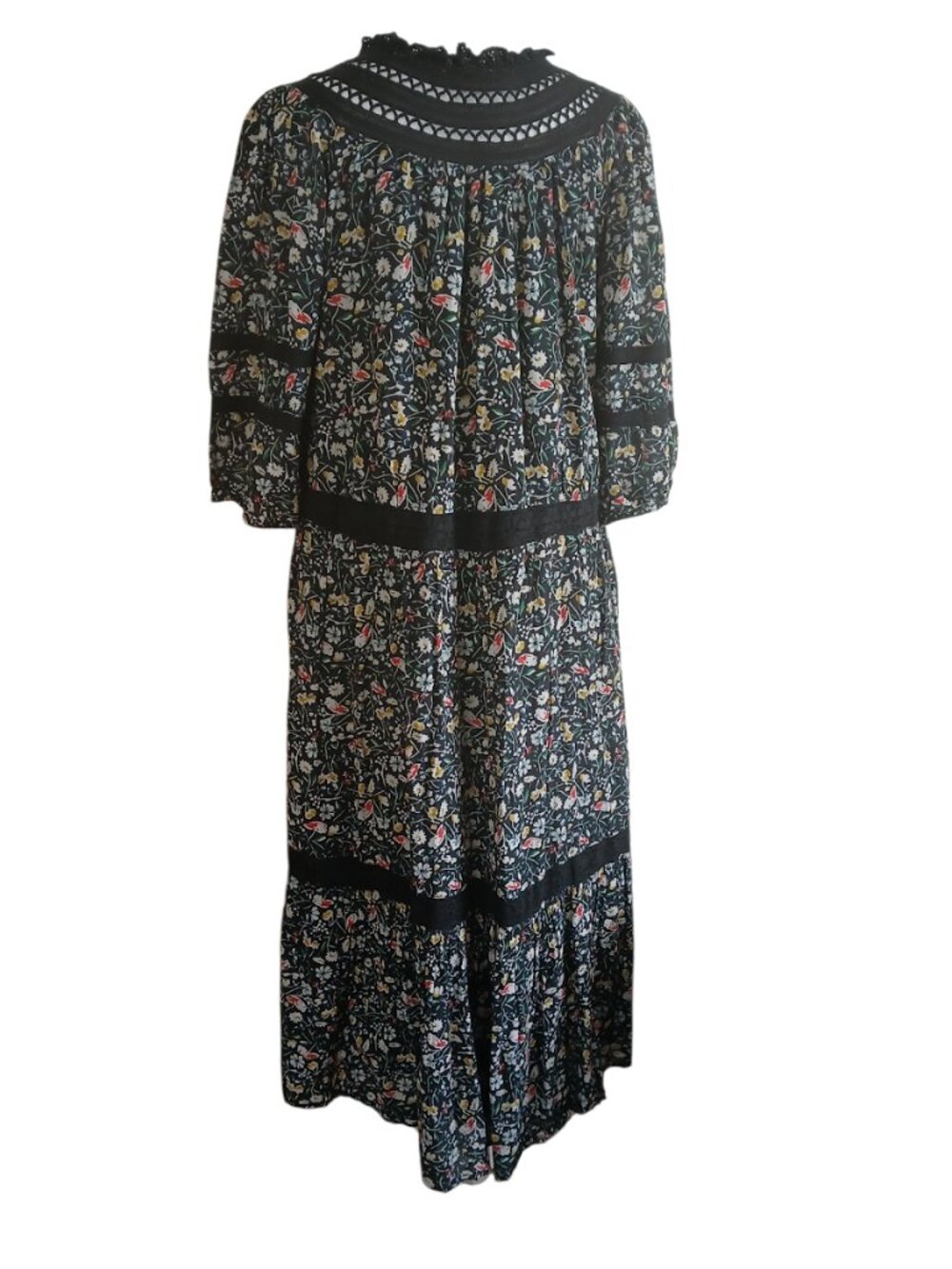 Sundance Isadora Blooms prairie black cotton tiered boho midi dress size M - Picture 3 of 7